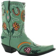 Wagon Wheels short western boots for Double D Ranch by Old Gringo. Add a touch of rustic sophistication to your ensemble with these unique WAGON WHEELS. Crafted with stunning orange, turquoise/mint, and pink inlay and overlay, hand-placed studwork, and intricate embroidery, these boots offer an 8.5" shaft of luxurious style. Perfect for dressy occasions or daily wear, these boots will never go out of style! Double D Ranch by Old Gringo. Hand made boots for the spirited cowgirl. Measurements: Sha Turquoise Cowboy Boots, Short Western Boots, Turquoise Boots, Cute Cowgirl Boots, Wagon Wheels, Double D Ranch, Orange Turquoise, Turquoise Leather, Wagon Wheel