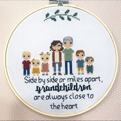 Grandparent's Custom Cross Stitch Family Portrait  DESIGNED TO LOOK JUST LIKE YOU AND YOUR FAMILY! -HOW TO CREATE- Help me design the perfect portrait of you and your family! The more details you share with me, the more customized your hoop with be! Things like, age range (adult, teenager, baby, toddler), hair color, clothing colors or styles, and anything else you would like to include is super helpful! So are pictures! Feel free to send me any pictures of your family & pets (they are family to Cross Stitch People Family Portraits, Stitch Family, Cross Stitch Family, Me Design, Stitch Gift, Custom Cross, Custom Family Portrait, Portrait Design, Stitch Art