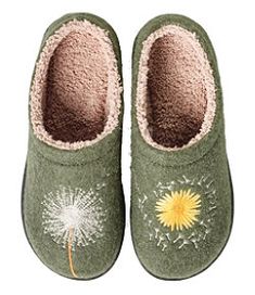 #LLBean: Women's Daybreak Scuffs, Motif Comfortable Green Slippers For Winter, Green Casual Slippers For Winter, Comfortable Green Winter Slippers, Dreads Styles For Women, Womens Wide Shoes, Nordic Aesthetic, Wool Clogs, Nature Motifs, Fleece Socks