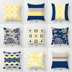 pillows with different designs on them and numbers in blue, yellow and white colors are shown