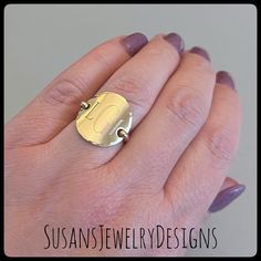 "This monogram ring is made with a round disc engraved with your choice of 1 or 3 letter initials and shaped to resemble a saddle style ring.  Wire has been added to make up the band of the ring and the edge of disc has been hammered to add a neat texture.  This ring is super comfortable to wear and I love mine! I can make this ring with rose gold filled, sterling silver, or yellow gold filled (shown) components.  You can also choose your disc size (5/8\" or 3/4\") and font preference. Use the pull down menu to select your ring size, disc size, font, and metal preferences.  SS = sterling silver, RGF = rose gold filled, and YGF = yellow gold filled Please note - If you select \"sterling silver\" in the pull down menu, your ring will have a sterling silver disc and a sterling silver band.  I Everyday Initial Open Ring, Everyday Open Initial Ring, Sterling Silver Initial Ring For Everyday, Gold Monogram Initial Ring For Everyday Wear, Adjustable Initial Ring With Detail For Anniversary, Personalized Adjustable Oval Initial Ring, Gold Monogram Initial Ring For Promise, Gold Monogram Initial Ring For Everyday, Gold Monogram Rings For Everyday Use