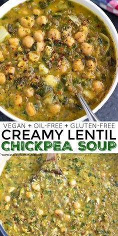 creamy lentil and chickpea soup in a white bowl