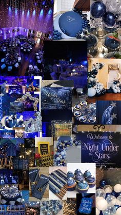 a collage of blue and silver themed items for a night under the stars event