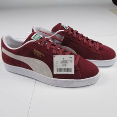 Modern Version Of The 80s Classic Suede Puma Sneakers, Color Is Called Cabernet (Wine Burgundy Purple/Red) With White Stripe And Soles In Men's Size 10 Comes With Extra White Laces As Pictured. They Are Brand New With Store Price Tag & Size Stickers, No Box Or Other Packaging Included, That Being Said I Will Say New With Shelf Wear. As You Know Shoe Sizes Can Run Differently, Please Be Sure Of Your Size And Proper Fit Based On Brand And Style Of Shoe Before Purchasing. All My Items, Come From A Casual Burgundy Sneakers With Cushioned Footbed, 80s Shoes, Tennis Sneakers, New Retro, Puma Suede, Puma Sneakers, Mens Fashion Shoes, Price Tag, White Lace