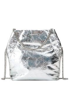 silver leather metallic finish concealed magnetic fastening chain-link shoulder strap crinkled finish slouch body debossed logo to the front ruched detailing main compartment internal card slot Bag Silver, White Gold Chains, Veronica Beard, Metallic Leather, Jeans For Sale, Handbags On Sale, Handbag Accessories, Antique Gold, Chain Link