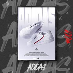 an advertisement for adidas featuring two white sneakers