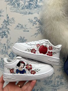 Hand painted af1 art sealed for longevity turn around time is 3-4 weeks Painted Af1, Cute Easy Outfits For School, Snow White Apple, Disney Sneakers, White Apple, Custom Shoes Diy, Diy Sneakers, Painted Sneakers