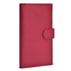 a pink leather wallet with a button on the front