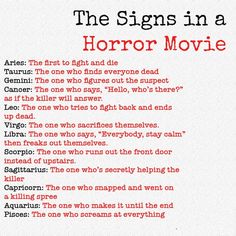 the signs in a horror movie are red and white with black writing on it,