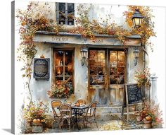 a painting of an outdoor cafe with autumn foliage on the windows and tables in front