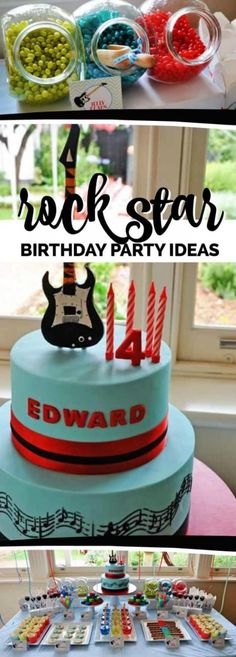 a birthday cake that has been decorated with musical notes and guitar decorations on it, along with the words rock star birthday party ideas