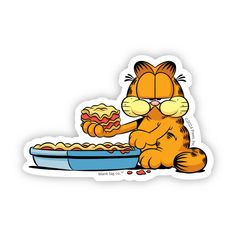 a sticker of a cat eating food out of a bowl with its eyes closed