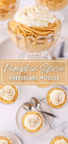 A glass dessert cup filled with pumpkin mousse topped with whipped cream and cinnamon on a white plate and five dessert glasses with pumpkin mousse on a white counter top with two silver spoons nearby. Pumpkin Mousse Recipe Easy, Pumpkin Cheesecake Mousse, Easy Pumpkin Cheesecake, Mousse Recipes Easy, Spice Cheesecake, Whipped Pumpkin, Cool Whip Desserts, Fall Dessert Recipes Easy, Easy Pumpkin Dessert