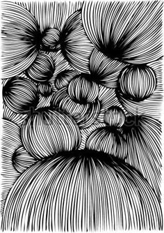 an abstract black and white drawing of balls of yarn in the shape of a flower