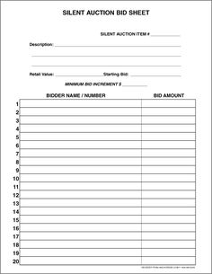 the silent auction sheet is shown in black and white