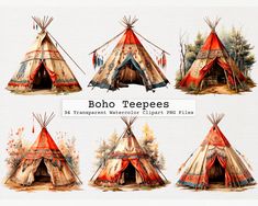 an image of boho teepeees in different styles and sizes with watercolor paint