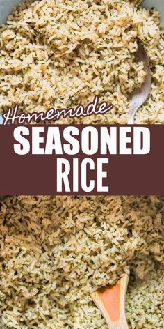 homemade seasoned rice in a bowl with spoons and text overlay that reads homemade seasoned rice