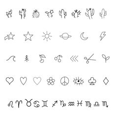 the symbols for different types of tattoos are drawn in black ink on a white background