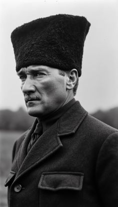 an old black and white photo of a man with a hat on top of his head