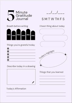 the five minute gratitude journal is shown in black and white, with text that reads 5 minutes