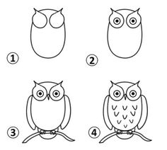 how to draw an owl sitting on a branch with four different eyes and two legs