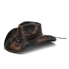 Stampede Hats  Studded Black Stain Lone Star Western HatOur one-of-a-kind stained cowboy hat is sure to be a standout accessory in any room. Because of its lightweight Bangora straw, it is easy to wear for extended periods and is ideal for any outdoor setting. It contains plenty of holes for ventilation, which will keep you cool without compromising your style. Keep the sun off your face and head without getting overheated.When you wear our studded western hat, everyone's head will turn, and you Outback Hat, Mens Hats Fashion, Felt Cowboy Hats, Straw Cowboy Hat, Western Hat, Mens Cowboy, Cowboy Style, Western Hats, Black Stains