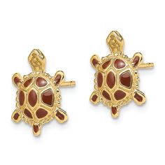 14k yellow gold textured sea turtle with spiny brown enamel shell earrings. Measure approximately 1/2"L x 3/8"W and have push backings. Ocean Inspired Jewelry, Diamond City, Turtle Earrings, Yellow Earrings, Yellow Gold Earring, Shell Earrings, Accessories Jewelry Earrings, Jewelry Online Shopping, Fine Jewellery Earrings