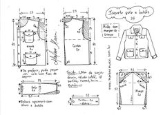 some drawings of different types of clothes and measurements for the shirt, pants, and jacket