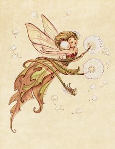 a drawing of a fairy holding a dandelion