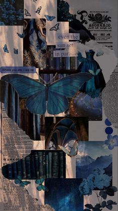 a collage of blue butterflies and books