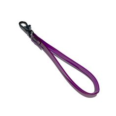 a purple lanyard with black handles on a white background for use as a keychain