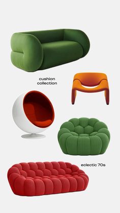 an assortment of different types of chairs and couches in various colors, shapes and sizes