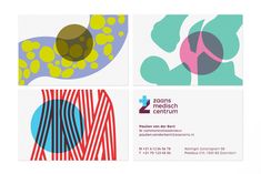 three business cards with abstract designs on them, one for zoomons medical centrum