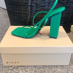 Brand New And With Box! Green Heels With Wrapped Heel And Square Toe, Green Square Toe Heels With Wrapped Heel, Modern Green Heels With Stacked Heel, Chic Green Square Toe Heels, Modern Green Heels With Wrapped Heel, Chic Green Block Heels With Open Heel, Green Heels With Square Toe And Medium Width, Green Square Toe Heels Medium Width, Chic Green Open Heel Block Heels