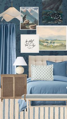 a bedroom with blue walls and pictures on the wall