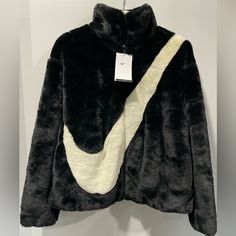 Nike Faux Fur Jacket Black White Dm1759-010 Women's Sz. Small New With Tags. Nike Long Sleeve Fleece Jacket For Fall, Nike Fur Jacket, Nike Outerwear For Cold Weather In Fall, Nike Trendy Streetwear Outerwear, Trendy Nike Outerwear For Streetwear, Black Nike Fleece Jacket For Winter, Trendy Hooded Nike Outerwear, Nike Fleece Jacket For Winter, Trendy Nike Streetwear Outerwear