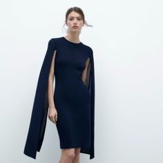 2893/027 New With Tags Round Neck Dress Long Cape-Style Sleeves Featuring Openings 62% Viscose 38% Polyamide Zara Leather Dress, Zara Cape, Mustard Colored Dress, Sheer Sleeve Dress, Zara Printed Dress, Green Sequin Dress, Blue Knit Dress, Dress With Cape, Printed Short Dresses