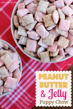 two bowls filled with pink and white puppy chow next to a red checkered table cloth