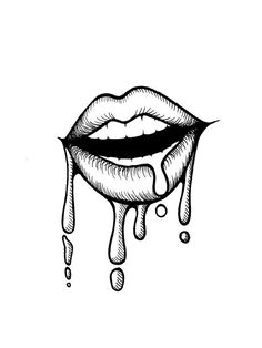 a black and white drawing of a lip dripping from it's mouth to the side