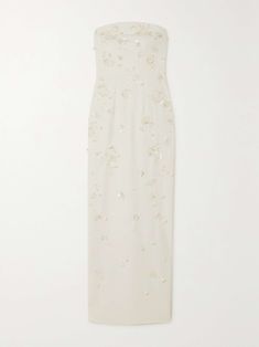 CLIO PEPPIATT Strapless embellished stretch-crepe gown Glamorous Wedding Evening Dress With Floral Embroidery, Glamorous Evening Dress With Floral Embroidery For Wedding, Glamorous Floral Embroidered Evening Dress For Wedding, Elegant Floral Embellished Evening Dress For Reception, Elegant Floral Mother Of The Bride Dress For Wedding, Elegant Fitted Wedding Dress With Floral Embroidery, White Silk Embellished Evening Dress, Elegant Floral Embroidery Wedding Dress, Elegant Floral Embroidered Wedding Dress