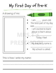 the first day of pre - k worksheet for students to practice their writing skills