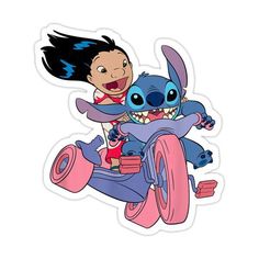 the cartoon character lil and stitch is riding on a pink motorcycle with an evil looking girl