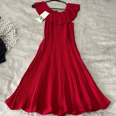 Zara Red Dress Brand New With Tags Womens Size Small (Can Be Worn Off The Shoulder) Zara Holiday Dresses For Spring, Zara Dresses For Spring Holiday, Zara Spring Holiday Dresses, Chic Midi-length Dress For Holiday, Chic Midi Dress For Holidays, Chic Red Stretch Dress, Holiday Ruffle Midi Dress, Fitted Zara Dress For Holiday, Red Sleeveless Midi Dress For Holiday