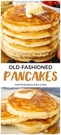 pancakes stacked on top of each other with butter and syrup