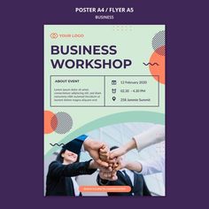 a poster for a business workshop with hands holding each other in the center and an orange circle