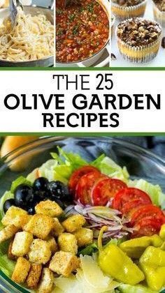 the 25 olive garden recipes cookbook is open to show pictures of various salads