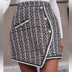 Elegant Black And White Plaid Asymmetrical High Waist Tweed 100% Polyester Tweed Top Outfit, Tweed Skirts, Strap Skirt, Women Bottoms, Trendy Fashion Tops, Black And White Style, Women Skirts, Tweed Skirt, Mesh Skirt