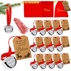 christmas gift tags with red ribbon hanging from the top, and other items attached to them