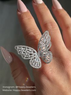 Luxury Silver Butterfly Jewelry, Elegant Butterfly Shaped Rings, Glamorous Wedding Cubic Zirconia Diamond Ring, Elegant Cubic Zirconia Butterfly Ring, Elegant Butterfly Ring For Anniversary, Elegant Butterfly Ring Gift, Luxury Cubic Zirconia Wedding Rings, Elegant Jewelry With Rose Cut Lab Grown Diamonds, Glamorous Rose Gold Wedding Ring