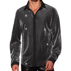 Shining texture fabric creates a sparkling and reflective surface, adding a touch of glamour to your outfit. The shirts can ce styled with jeans, punk pants for a versatile and trendy outfit. Sparkle dress shirts can be worn for casual outings, parties, or even as part of a performance costume. Great gift for your friend, boyfriend, and your father. Black Party Shirt For Winter, Winter Party Black Shirt, Metallic Fitted Shirt For Party, Slim Fit Party Shirt For Fall, Fitted Shirt For Winter Party, Fitted Winter Party Shirt, Winter Party Fitted Shirt, Punk Pants, Solid Dress Shirt